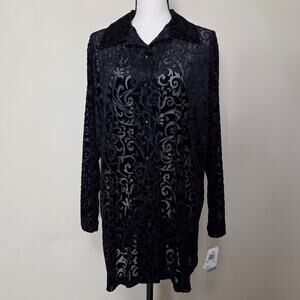 NWT Notations 1X Whimsygoth Witchy Velvet Burnout Tunic Long Sleeve Button Black